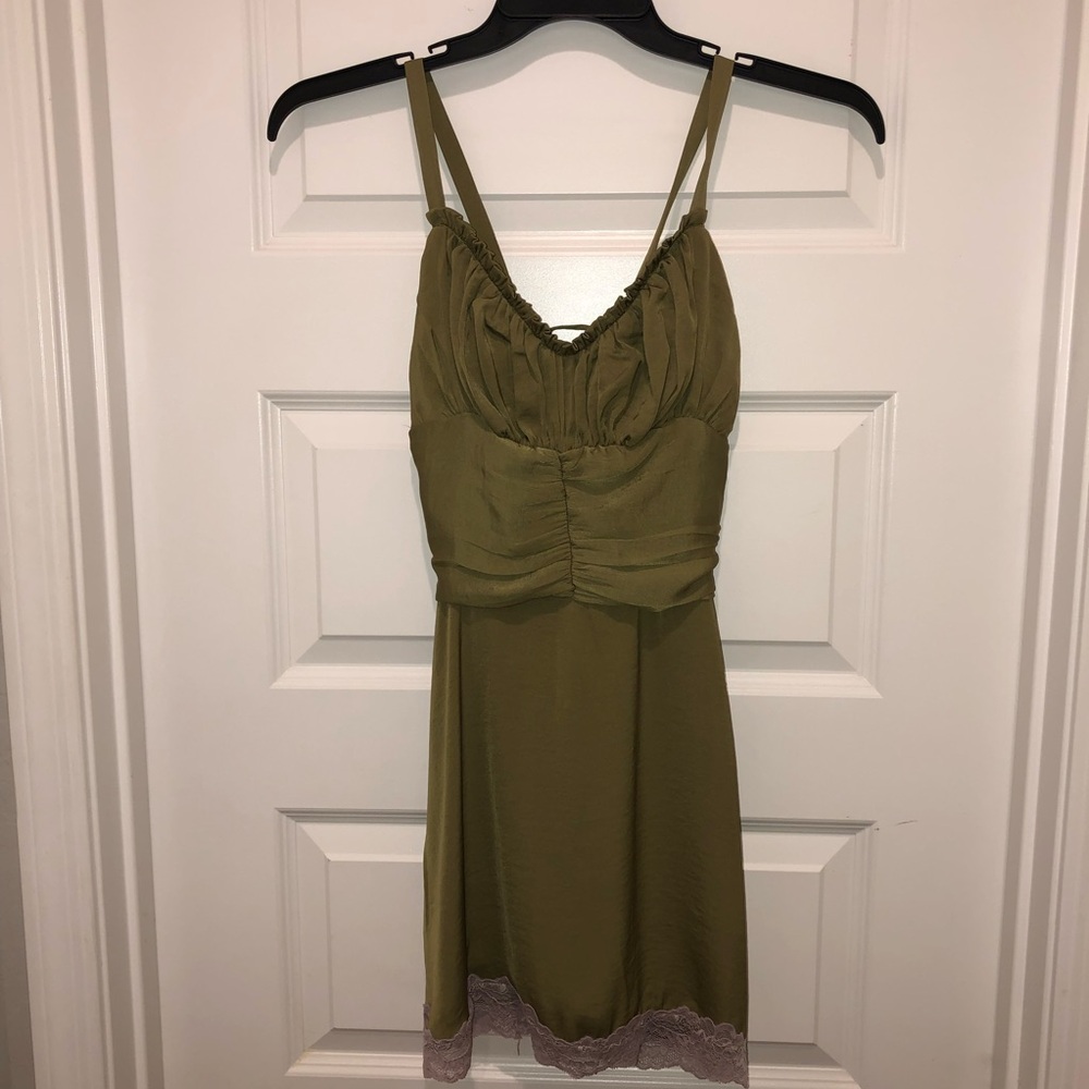 Elegant Olive Green Dress with Lace Trim